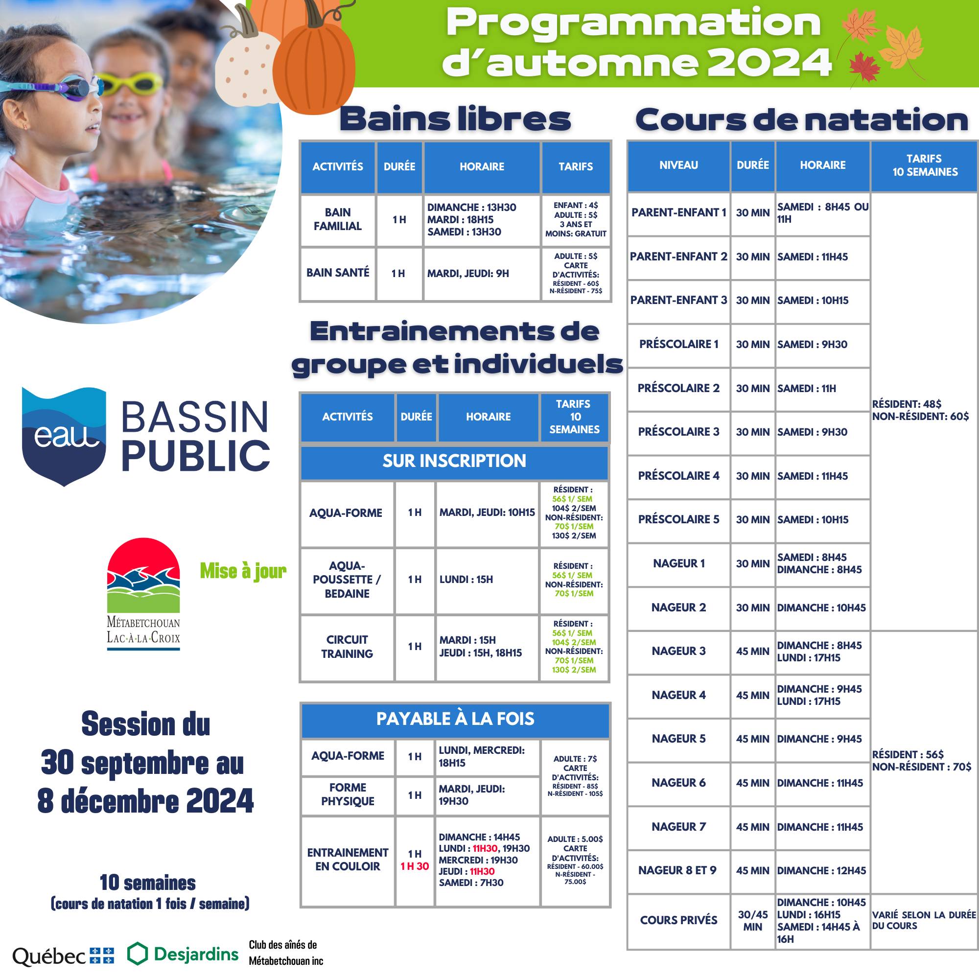 piscine programmation automne 2024